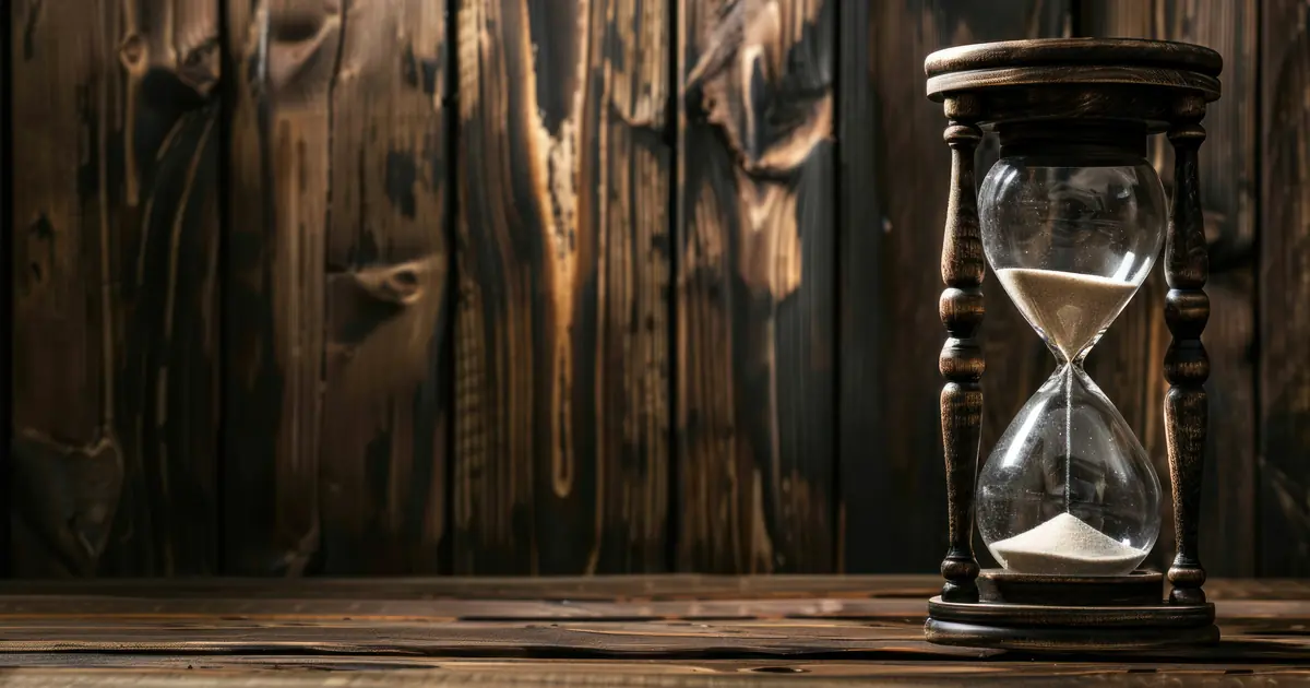 Ampulheta sobre mesa antiga simbolizando a janela de tempo para estruturar holding em 2026