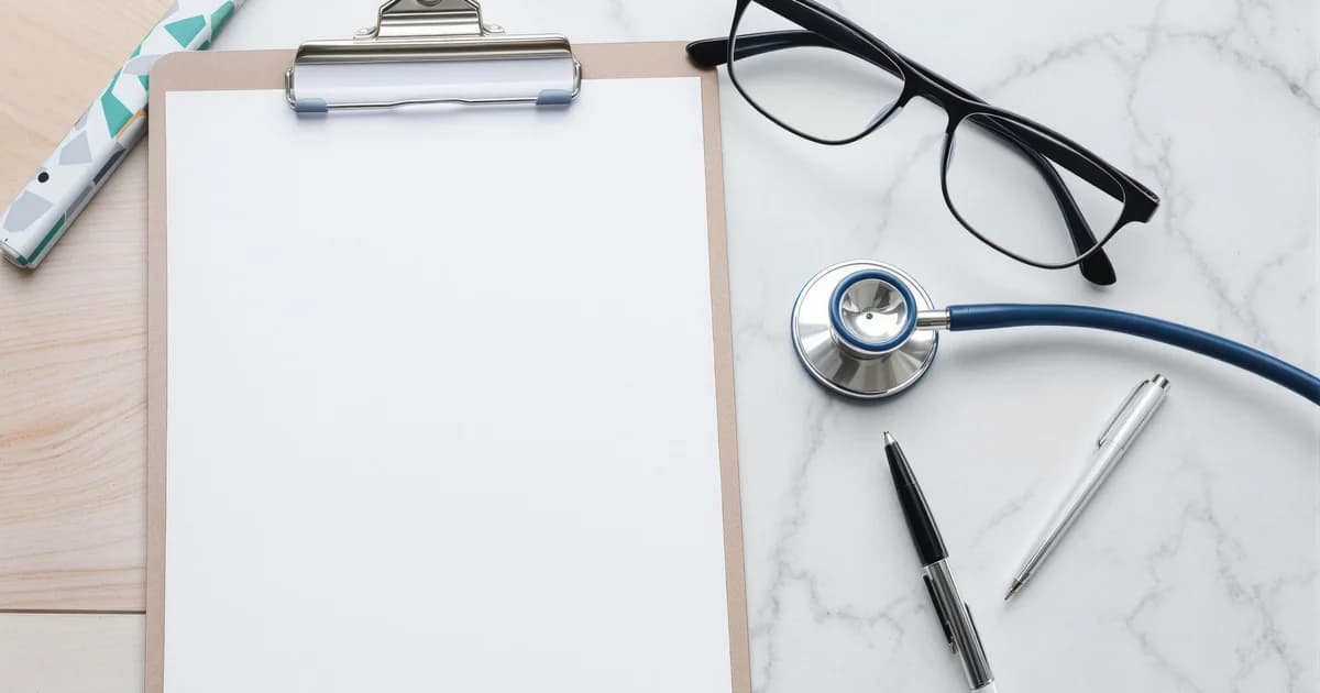 Checklist tributário em prancheta sobre mesa de consultório médico com calculadora e canetas