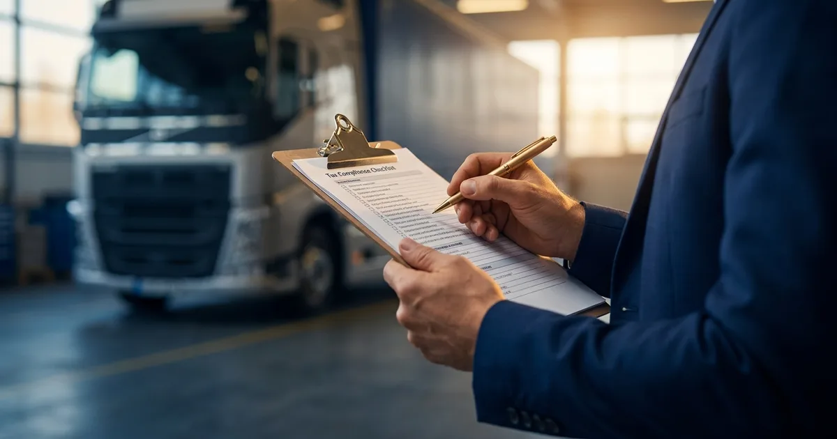 Gestor de transportadora conferindo documentos ao lado de caminhões em pátio da Grande São Paulo, representando o checklist tributário para 2026