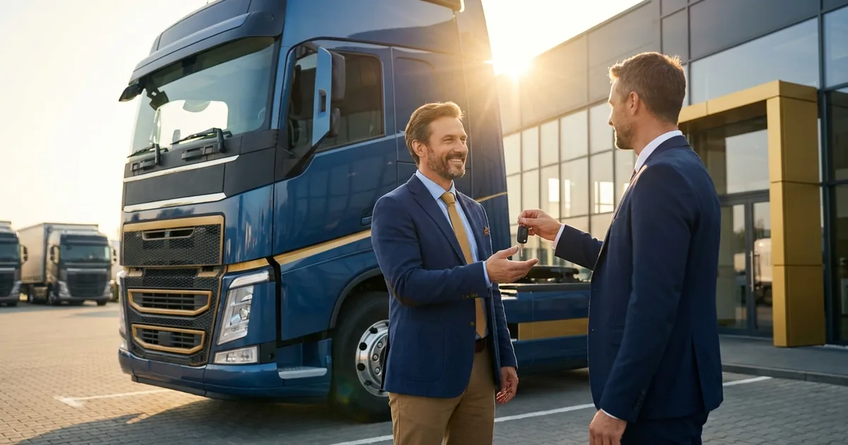 Empreendedor ao lado de caminhão novo em pátio da Grande São Paulo, representando a abertura de uma transportadora de cargas em 2026