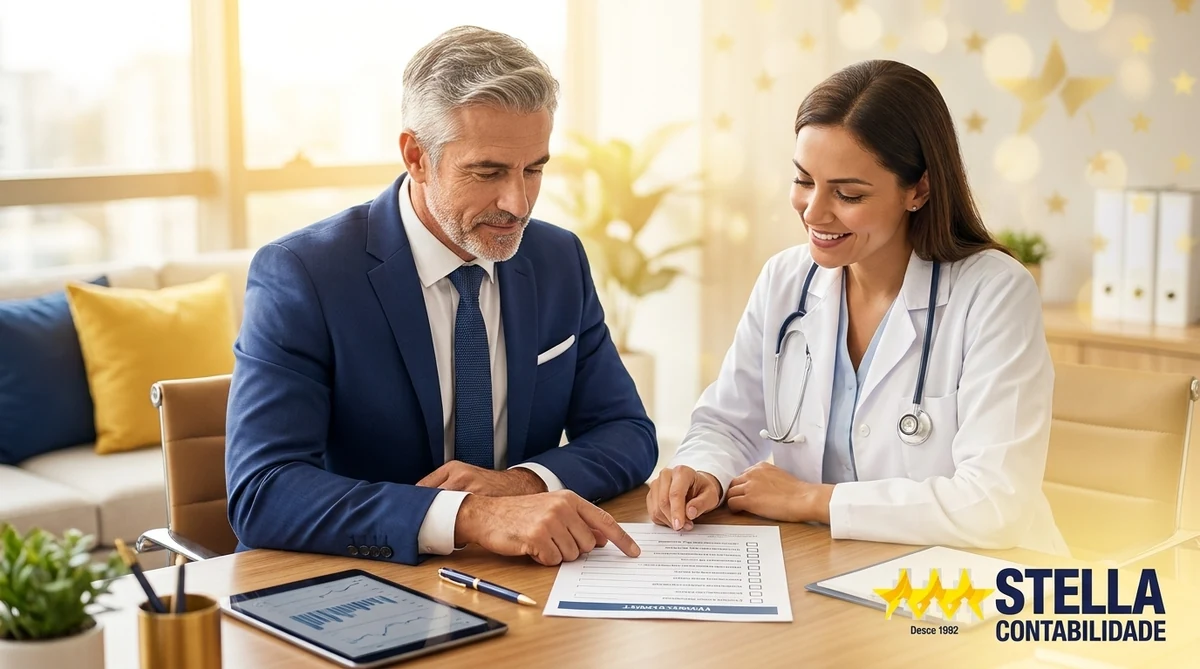 Felipe Dutra Nicácio revisando checklist tributário com médica — Diagnóstico Stella