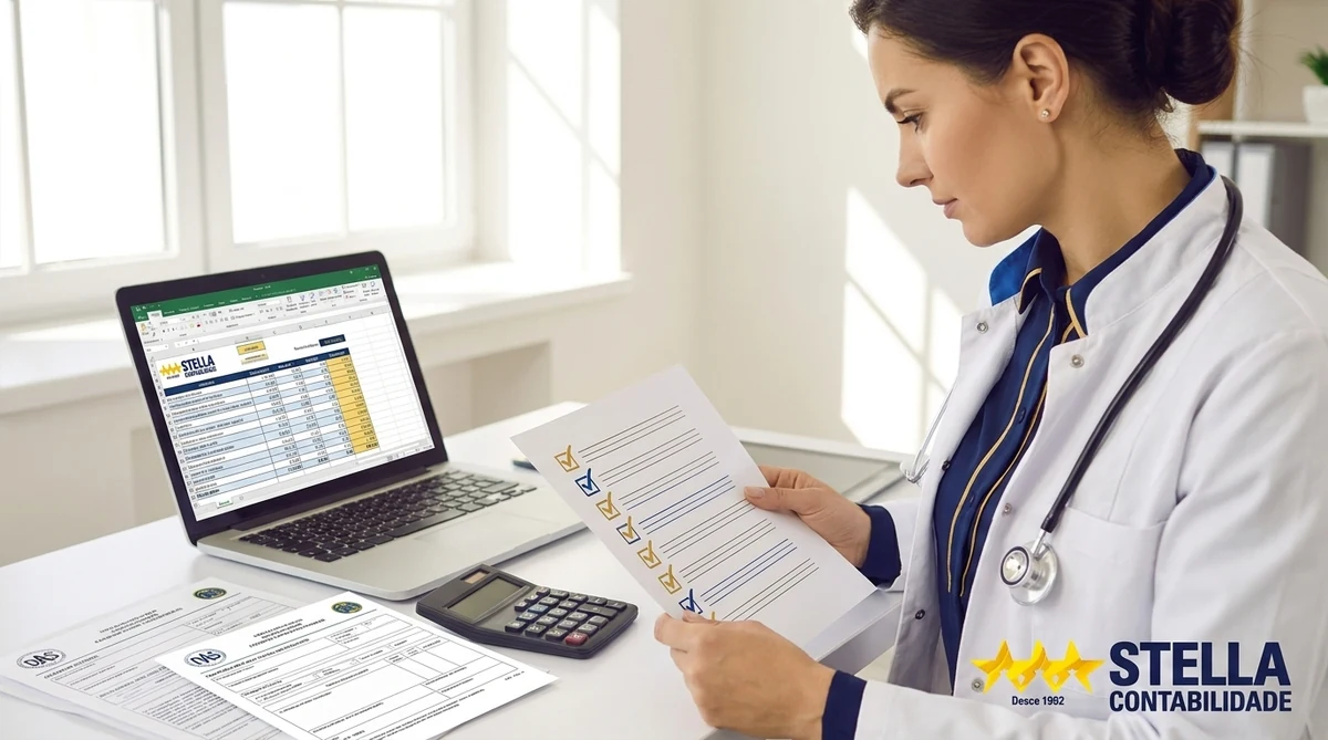 Médica revisando checklist técnico em tablet — validação Stella Contabilidade