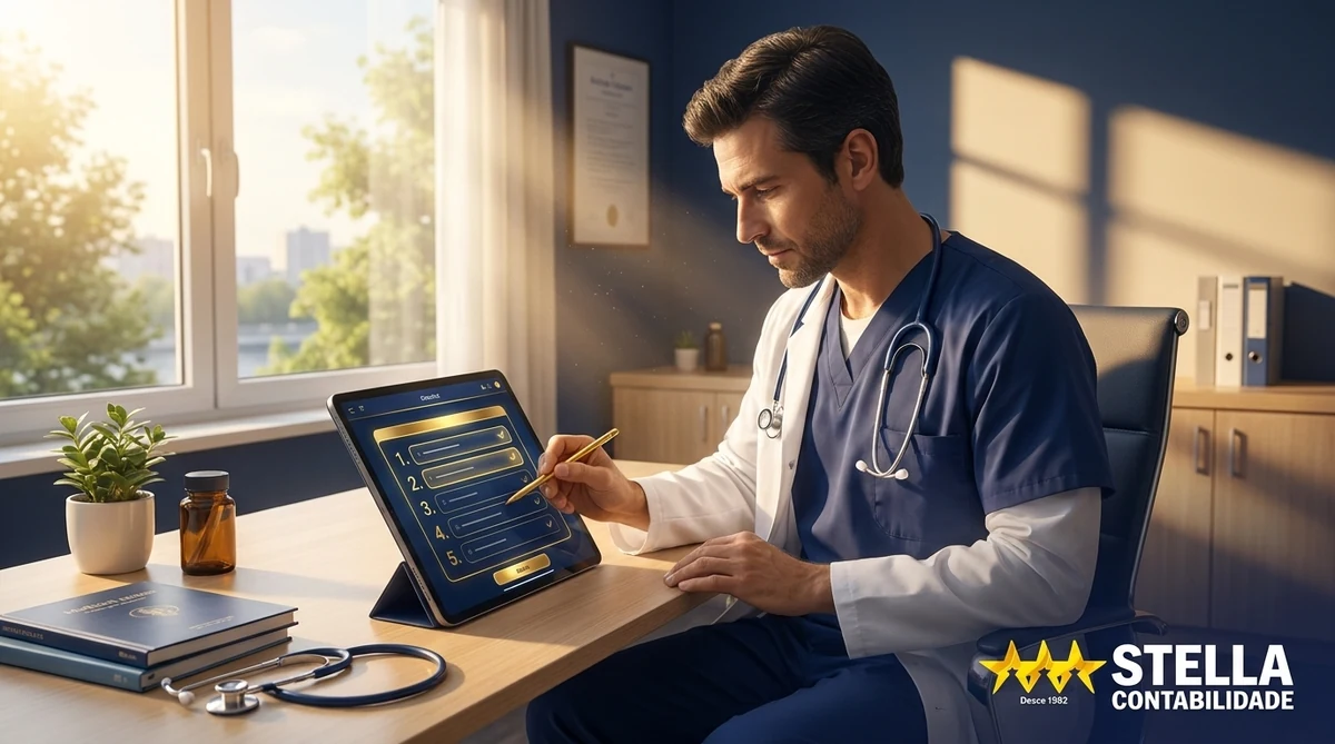 Médico revisando checklist tributário em consultório — Stella Contabilidade