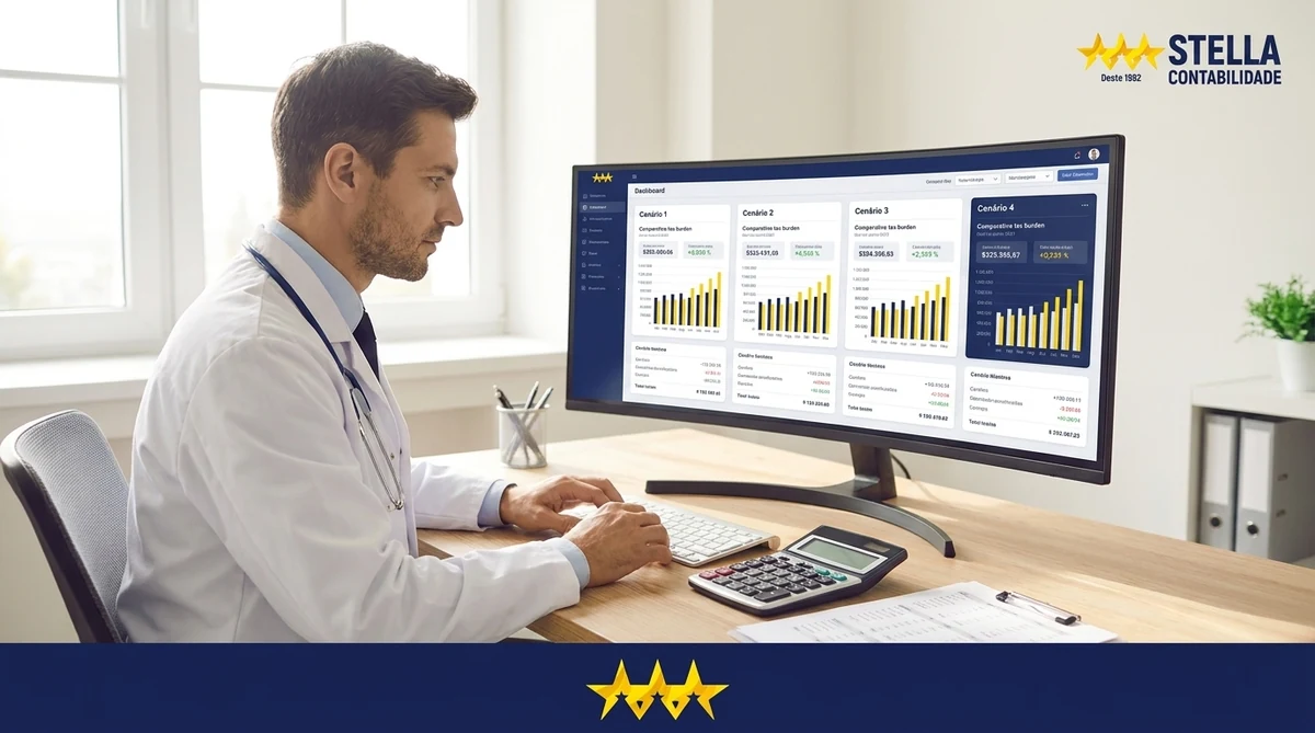 Médico comparando 4 cenários tributários em dashboard — simulação Stella Contabilidade