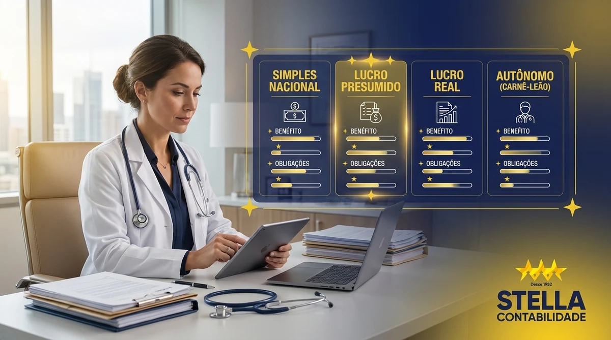 Comparativo dos 4 regimes tributários para PJ médica em 2026 — Stella Contabilidade